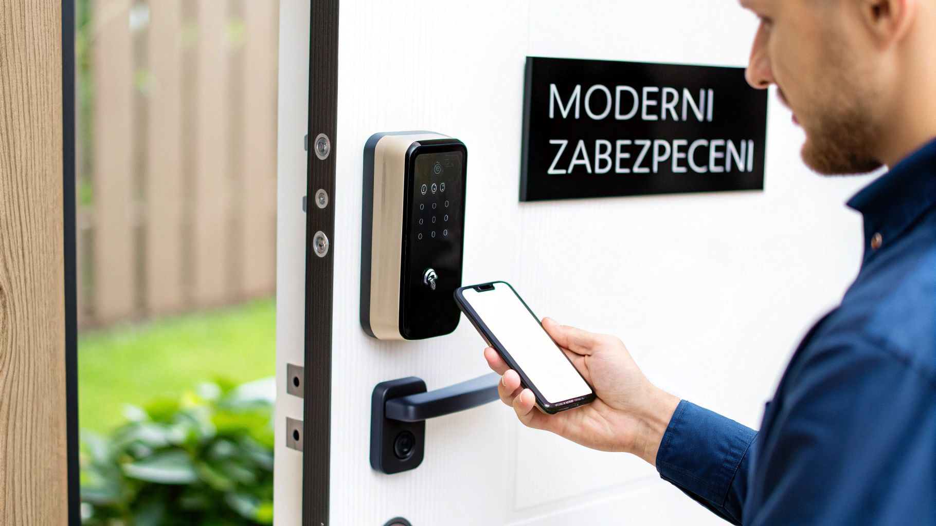 Muž odemyká moderní chytrý zámek dveří pomocí smartphonu, symbolizující moderní zabezpečení domova.