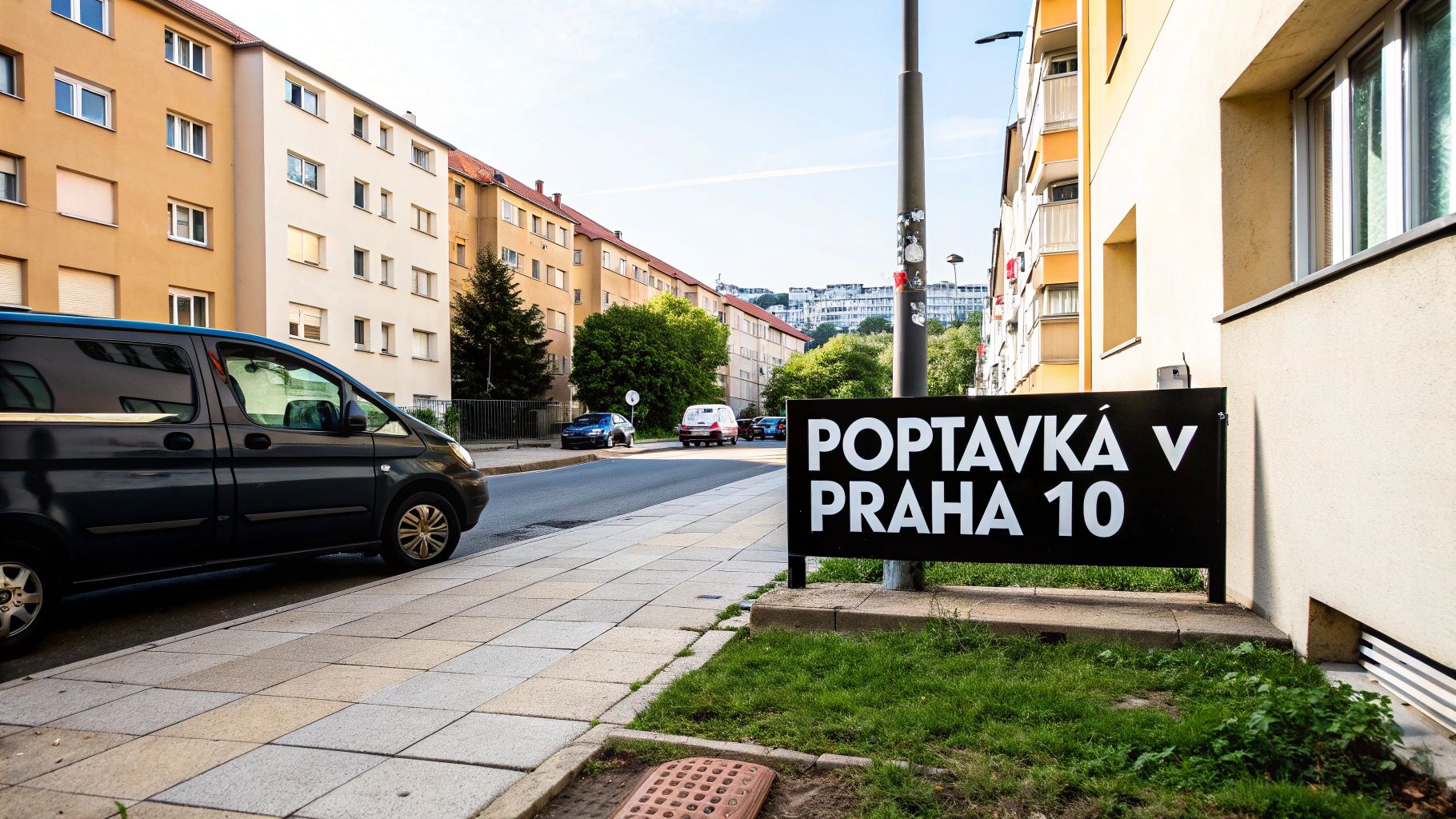 Černá dodávka parkující na ulici před bytovými domy, s cedulí 'Poptávka v Praha 10'.