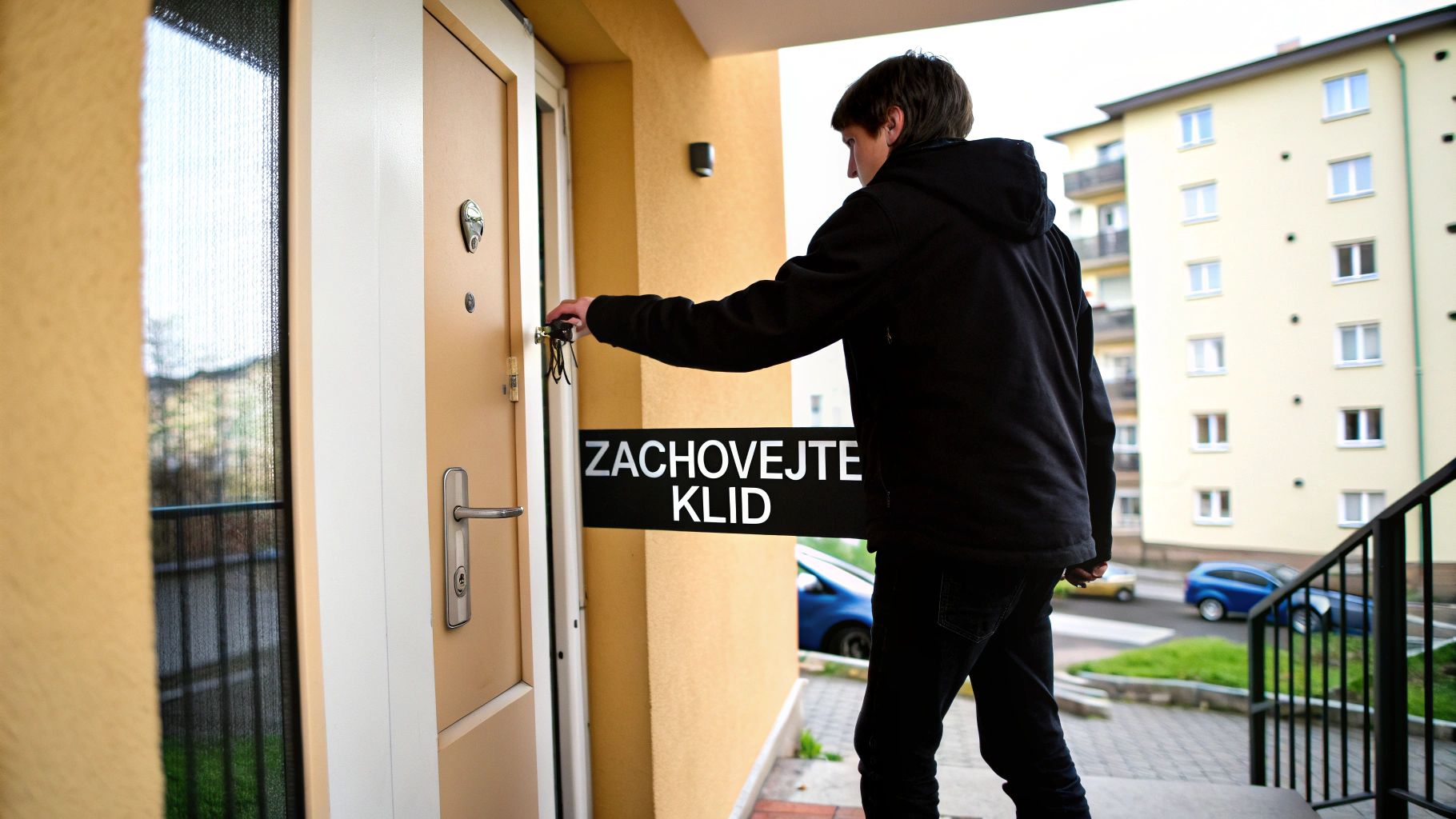 Profesionální zámečník odemyká dveře bytu v bytovém domě v Praze 10