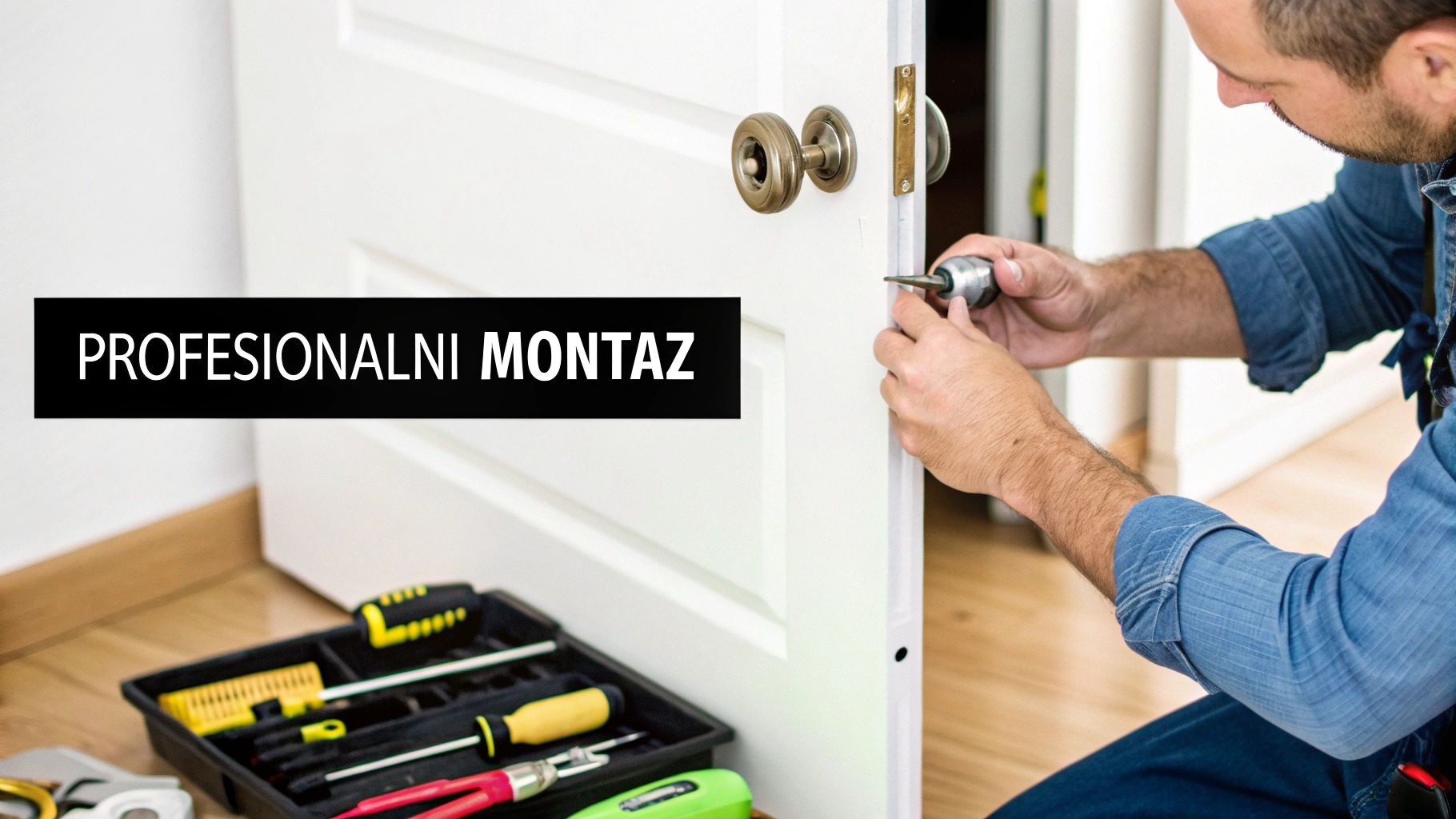 Muž pečlivě montuje dveřní zámek nebo kování na bílé dveře, s nářadím připraveným na podlaze, zdůrazňující profesionální montáž.