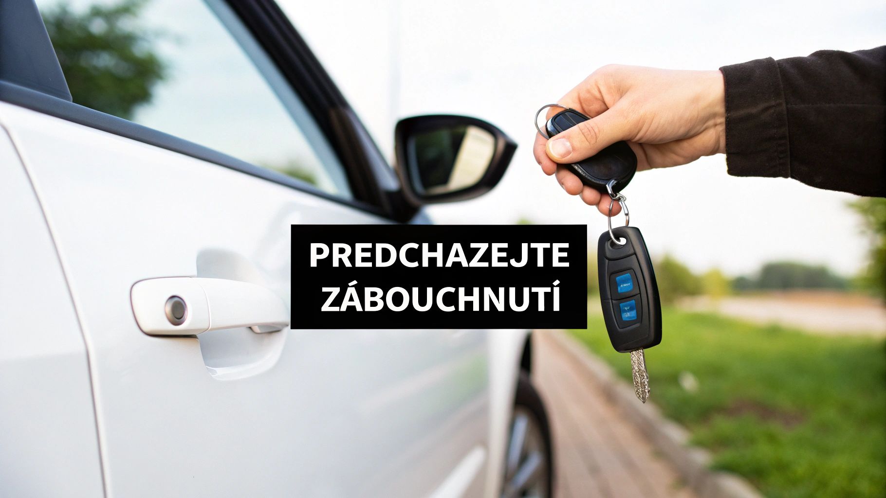 Ruka držící klíče od auta u bílých dveří automobilu s textem 'PREDCHADZAJTE ZÁBOUCHNUTÍ'.