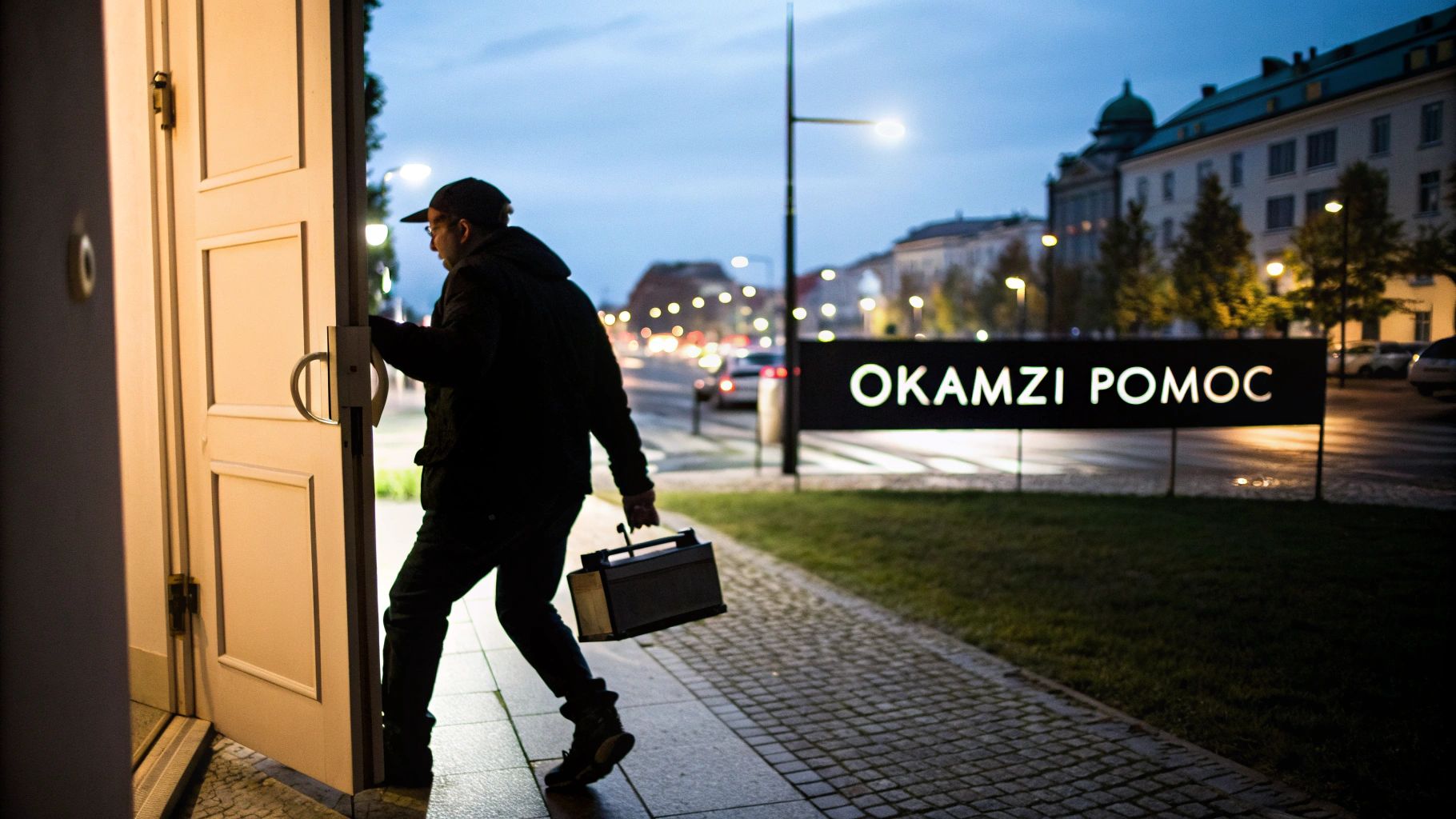 Muž vychází z budovy s kufrem, v pozadí osvětlená ulice a nápis 'OKAMŽI POMOC'.