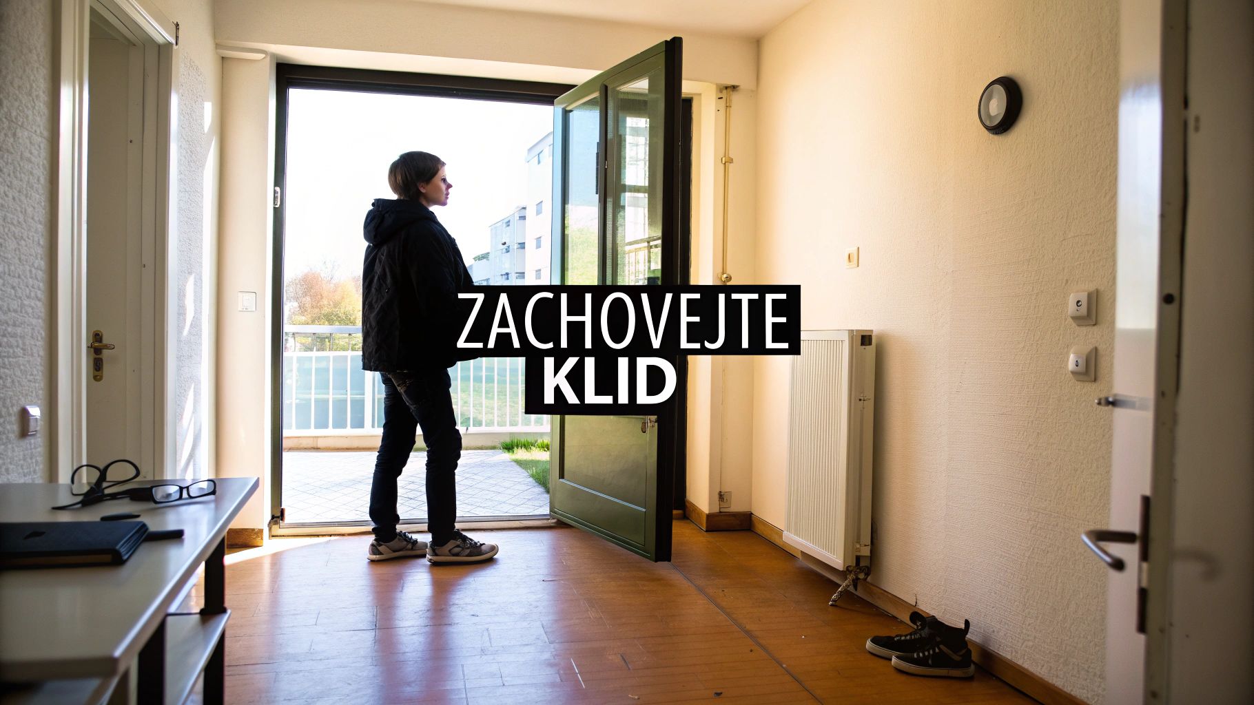 Osoba v černé bundě stojí u otevřených balkonových dveří a dívá se ven z bytu. Na stole leží brýle a zápisník, na zdi je radiátor. Uprostřed je text: ZACHOVEJTE KLID.