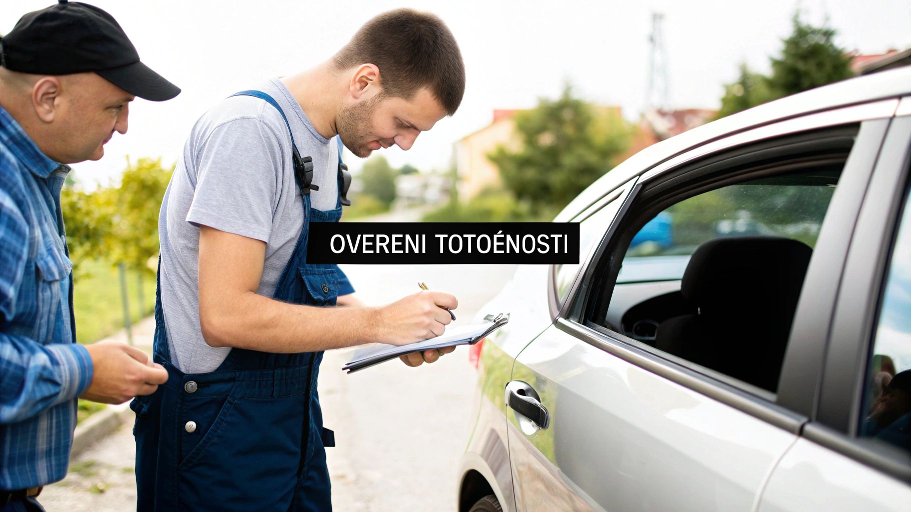 Dva muži ověřují dokumenty vedle stříbrného auta. Jeden píše na schránku, druhý přihlíží.