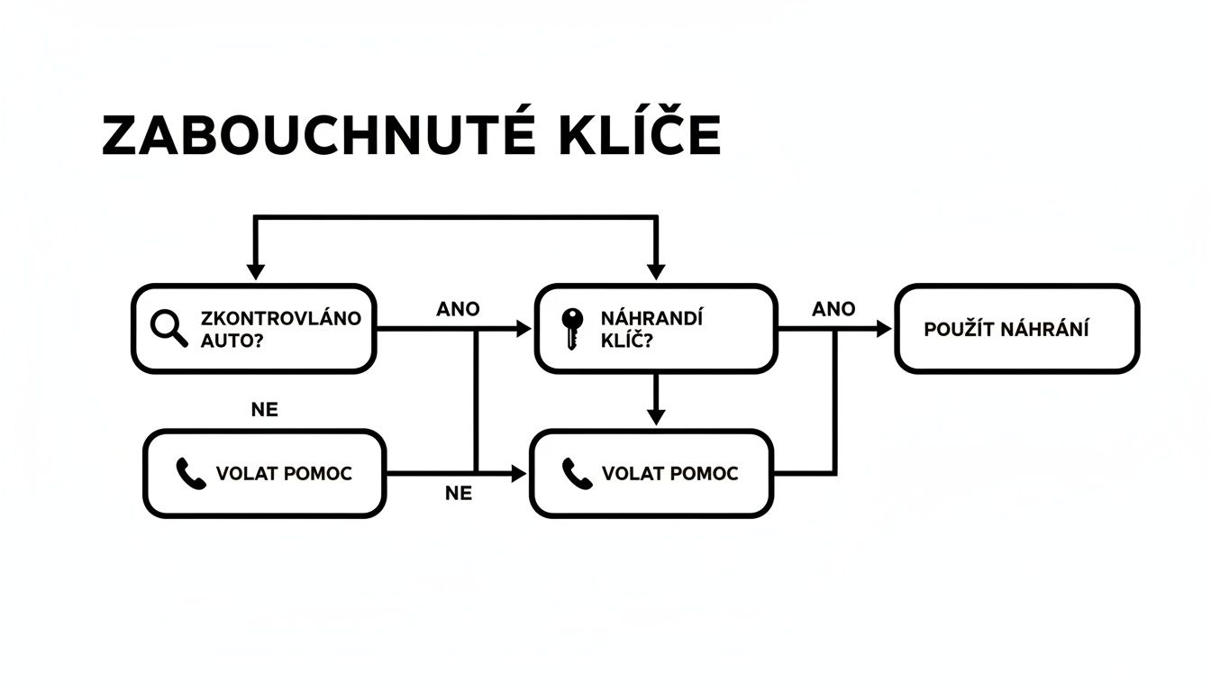 Vývojový diagram ukazující kroky pro řešení situace se zabouchnutými klíči v autě, včetně ověření vozidla a dostupnosti náhradního klíče.