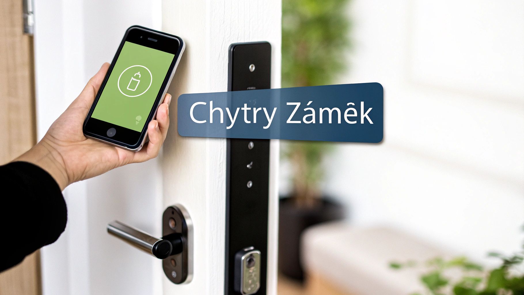 Ruka drží smartphone s aplikací pro chytrý zámek. Moderní dveře s digitálním zabezpečením.
