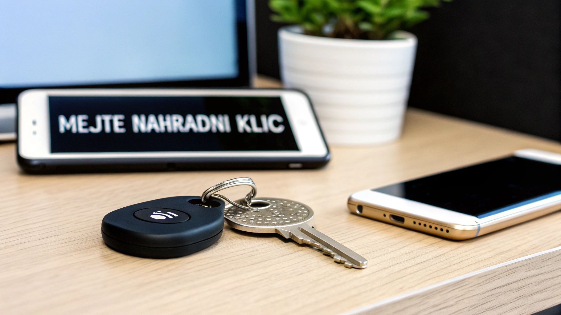 Detailní záběr klíčů od auta a mobilních telefonů na dřevěném stole s textem MĚJTE NÁHRADNÍ KLÍČ.