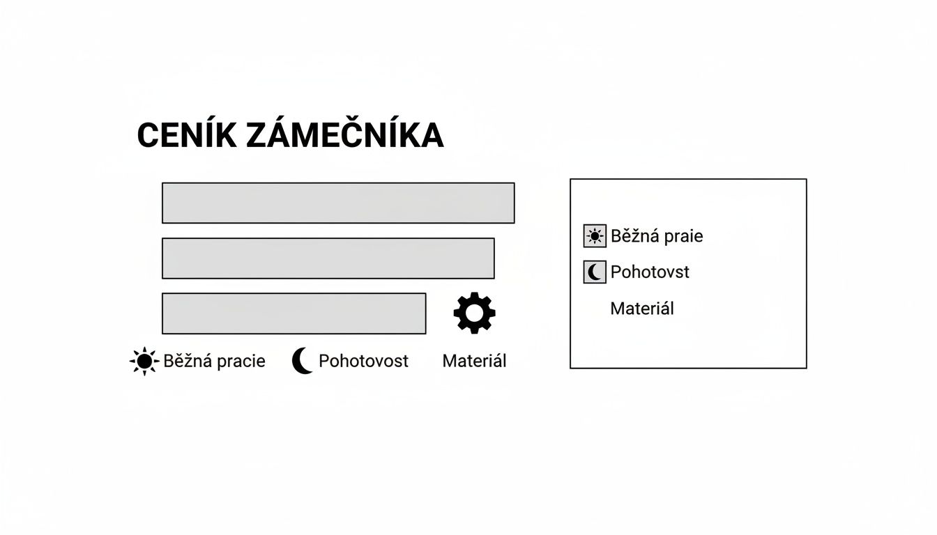 Ceník zámečnických prací s prázdnými řádky a legendou pro běžnou práci, pohotovost a materiál.
