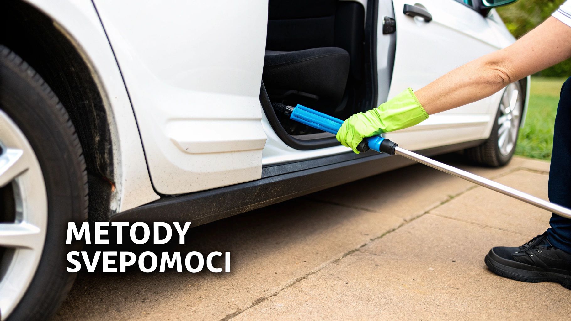 Osoba v zelené rukavici čistí podlahu otevřeného bílého automobilu modrým kartáčem na dlouhé násadě.