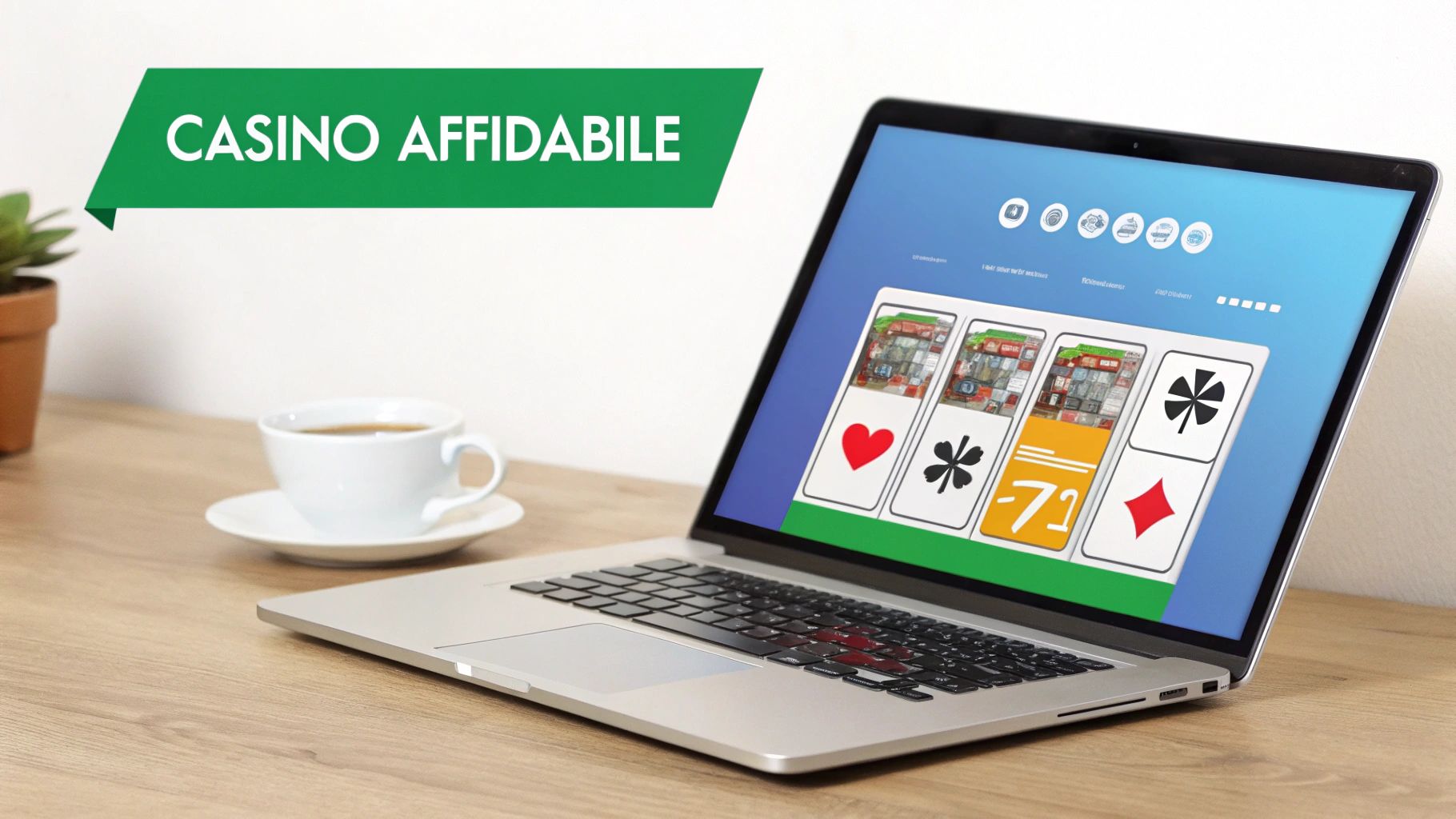 Laptop su scrivania in legno con caffè e pianta. Sullo schermo, carte da gioco e un banner verde con 'CASINO AFFIDABILE'.