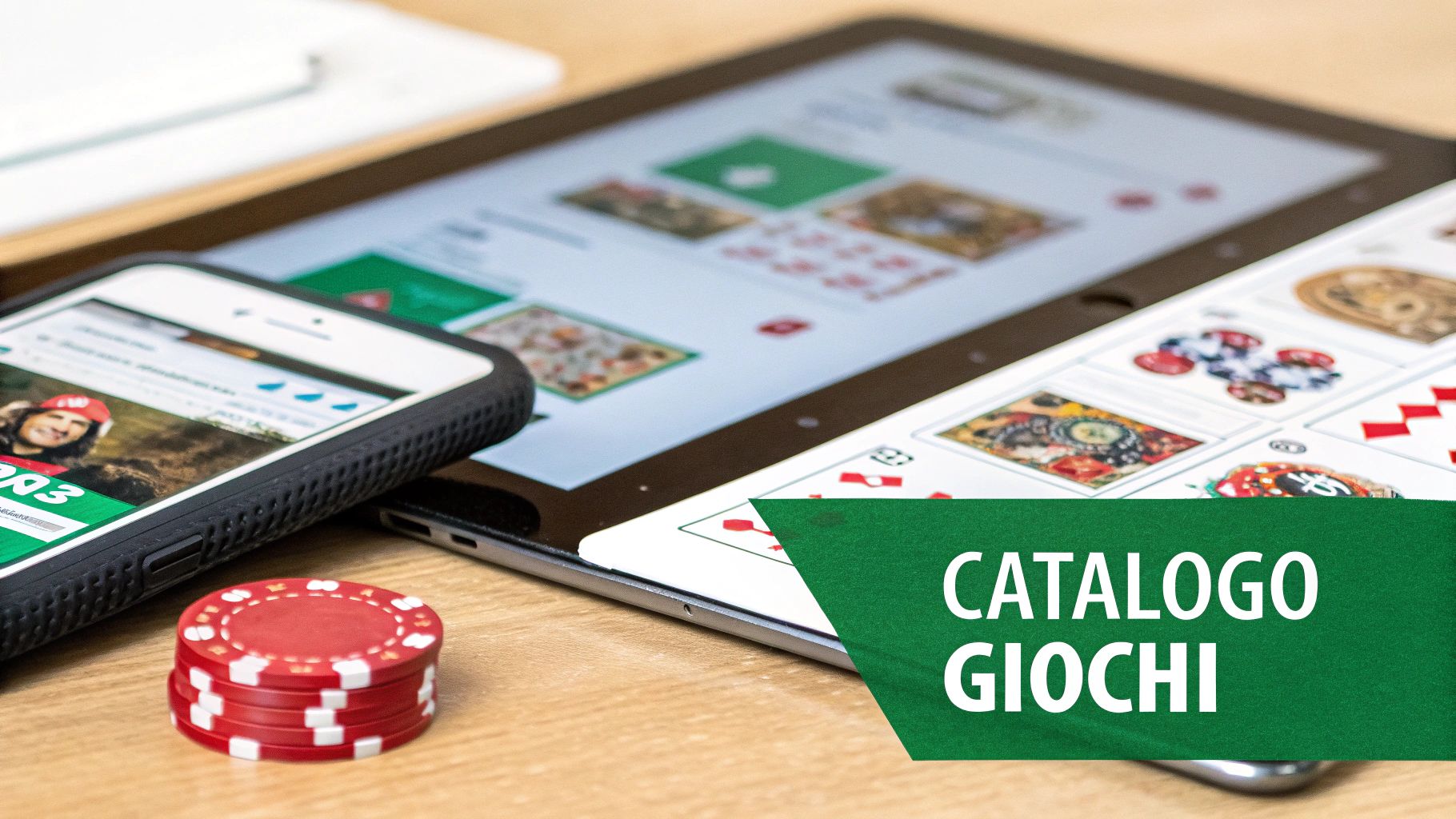 Smartphone, tablet, carte da gioco e fiche da casinò su un tavolo, con la scritta 'CATALOGO GIOCHI'.