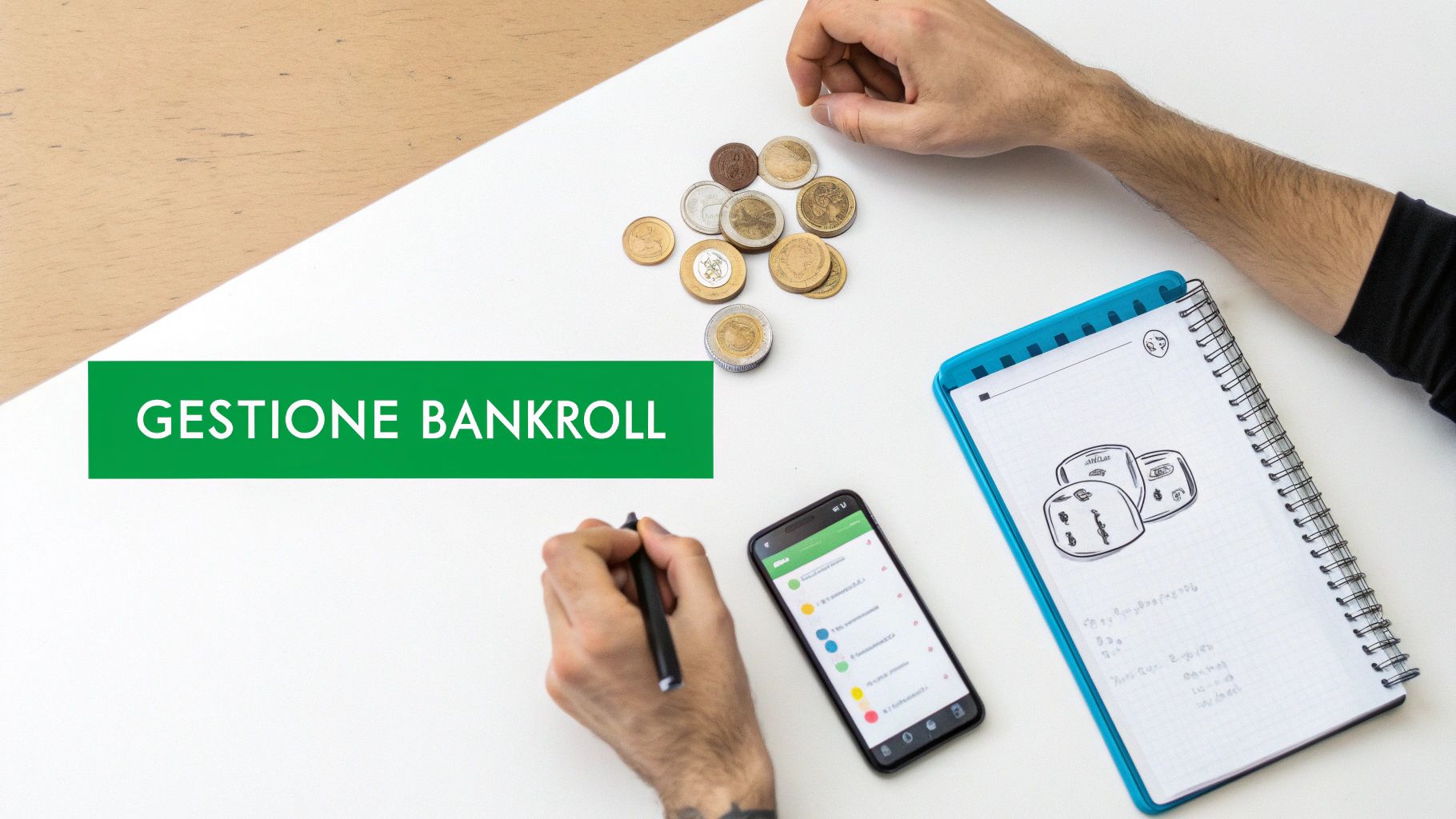 Una persona gestisce il proprio denaro con monete, uno smartphone e un taccuino. Banner: GESTIONE BANKROLL.