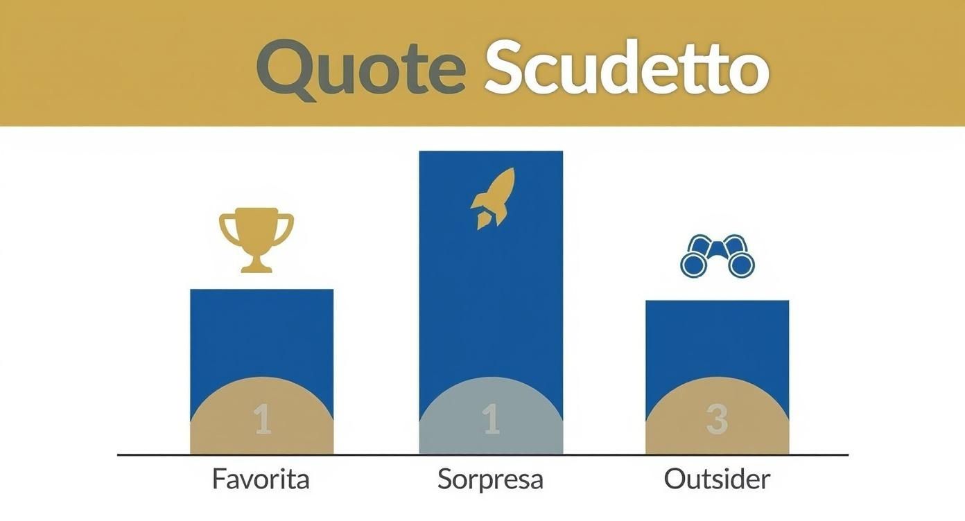 Infografica che mostra le quote Scudetto per le squadre favorite, sorprese e outsider in Serie A.