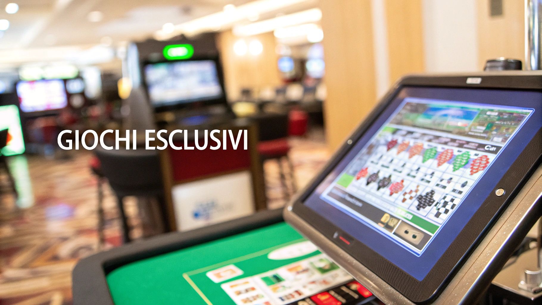 Macchina da gioco con schermo luminoso in un casinò, sfondo sfocato di altre slot machine e il testo 'GIOCHI ESCLUSIVI'.