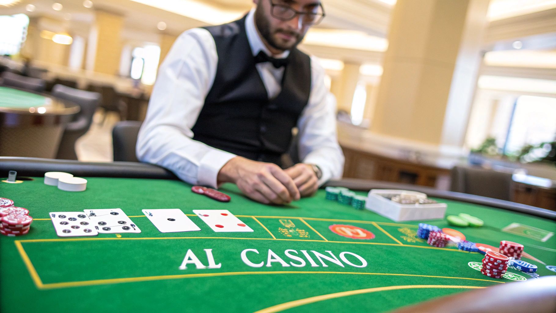 Un tavolo da blackjack affollato in un casinò, con giocatori che piazzano fiches e il croupier che distribuisce le carte.