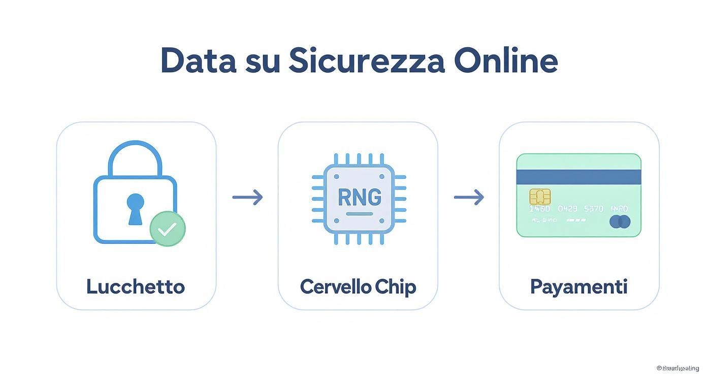 Il diagramma illustra il processo di sicurezza online: lucchetto, chip RNG e pagamenti con carta.