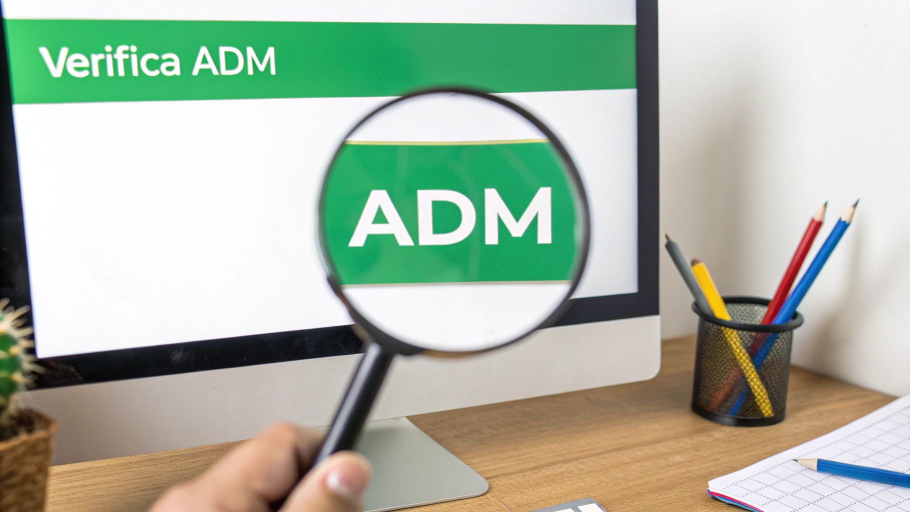 Mano che tiene una lente d'ingrandimento sul monitor del computer con la scritta 'ADM' in verde, su una scrivania con matite.