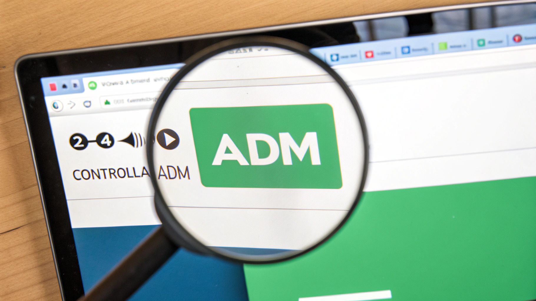 Lente d'ingrandimento su schermo di tablet che mostra una pagina web con la scritta 'ADM' in un riquadro verde, evidenziando il controllo online.