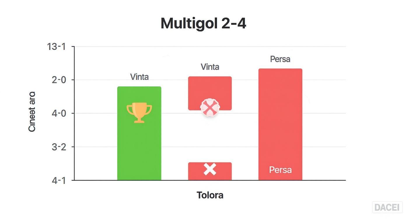 Grafico a barre Multigol 2-4 che mostra risultati di scommesse: Vinta e Persa, con icone e valori.