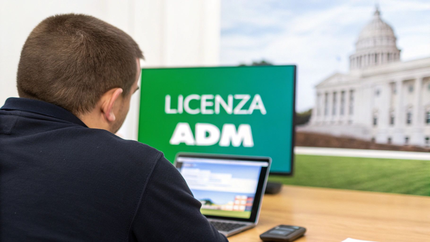 Una persona da dietro guarda un laptop, con un monitor che mostra 'LICENZA ADM' e un edificio istituzionale sullo sfondo.