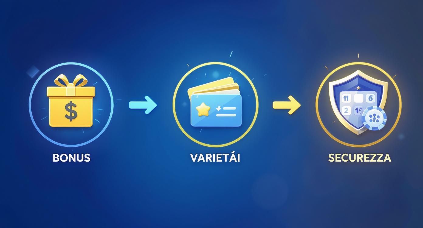 Infografica che mostra il processo di selezione di una piattaforma di bingo, evidenziando Bonus, Varietà e Sicurezza.