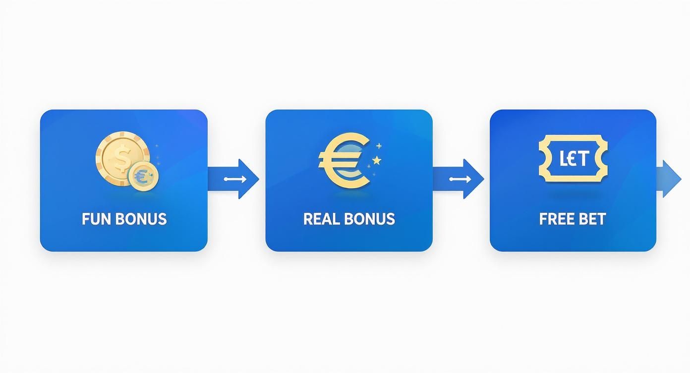 Infografica che mostra il flusso dei tipi di bonus, da Fun Bonus a Real Bonus e Free Bet