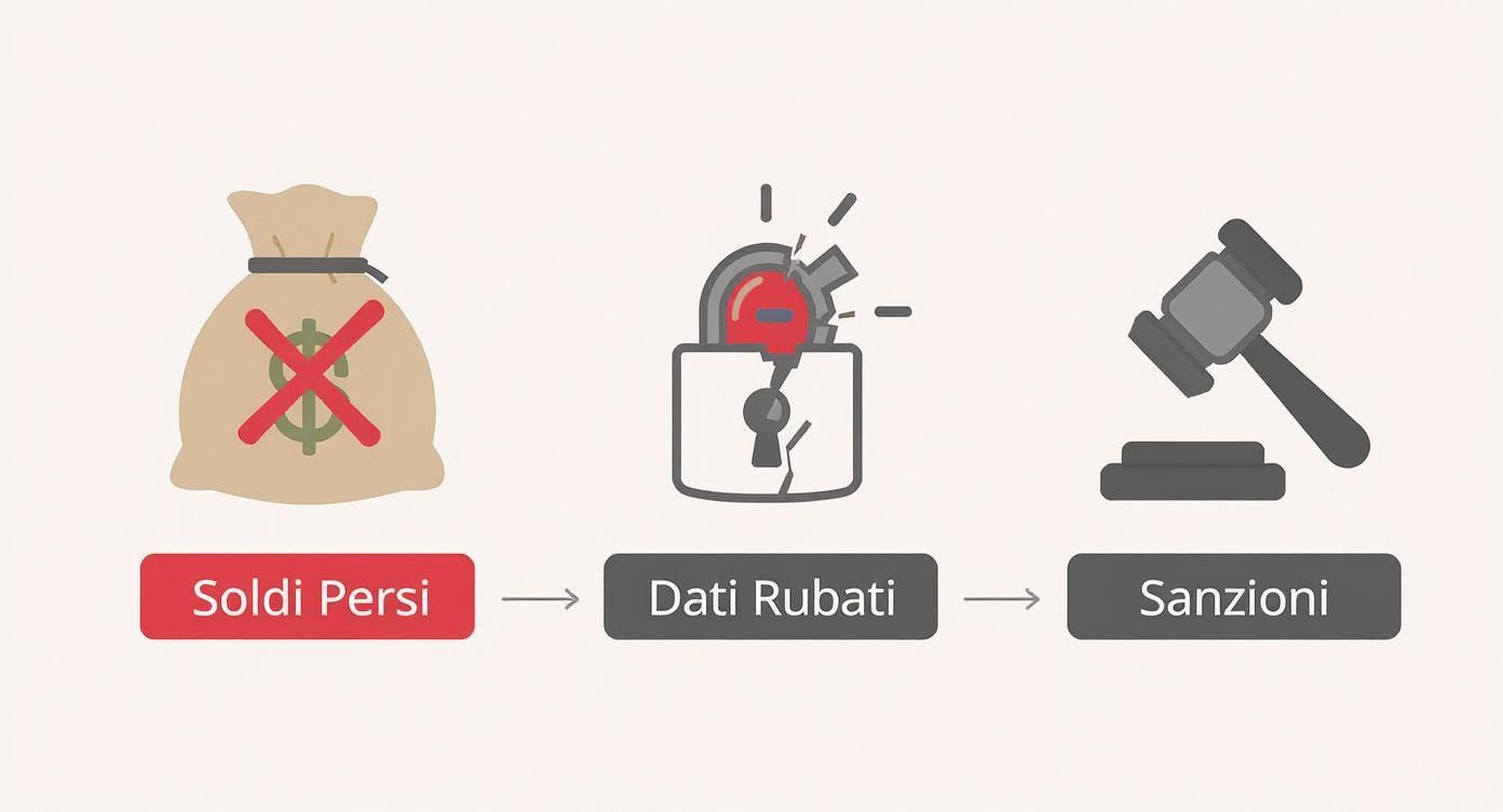 Sequenza illustrativa delle conseguenze di una violazione: denaro perso, dati rubati e sanzioni legali.