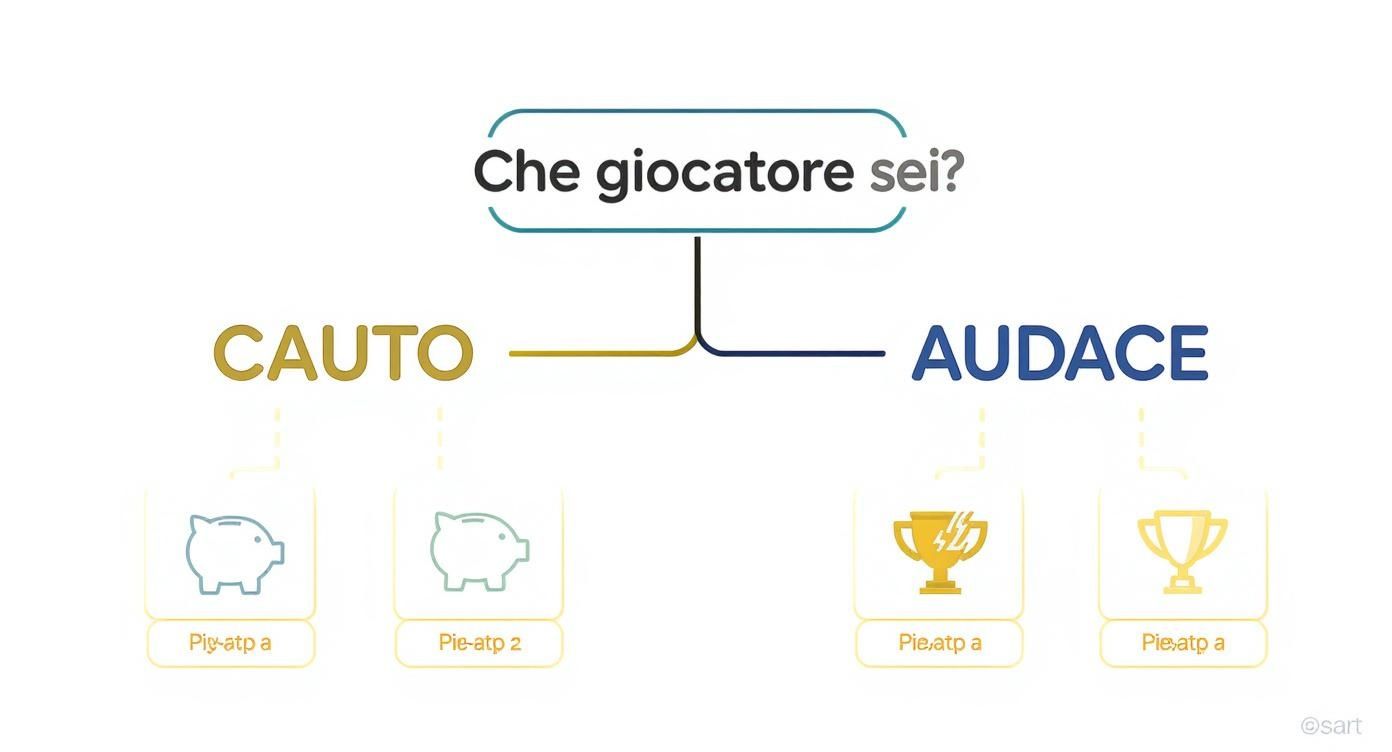 Diagramma di flusso che chiede 'Che giocatore sei?' e offre scelte tra 'Cauto' (salvadanaio) e 'Audace' (trofeo).