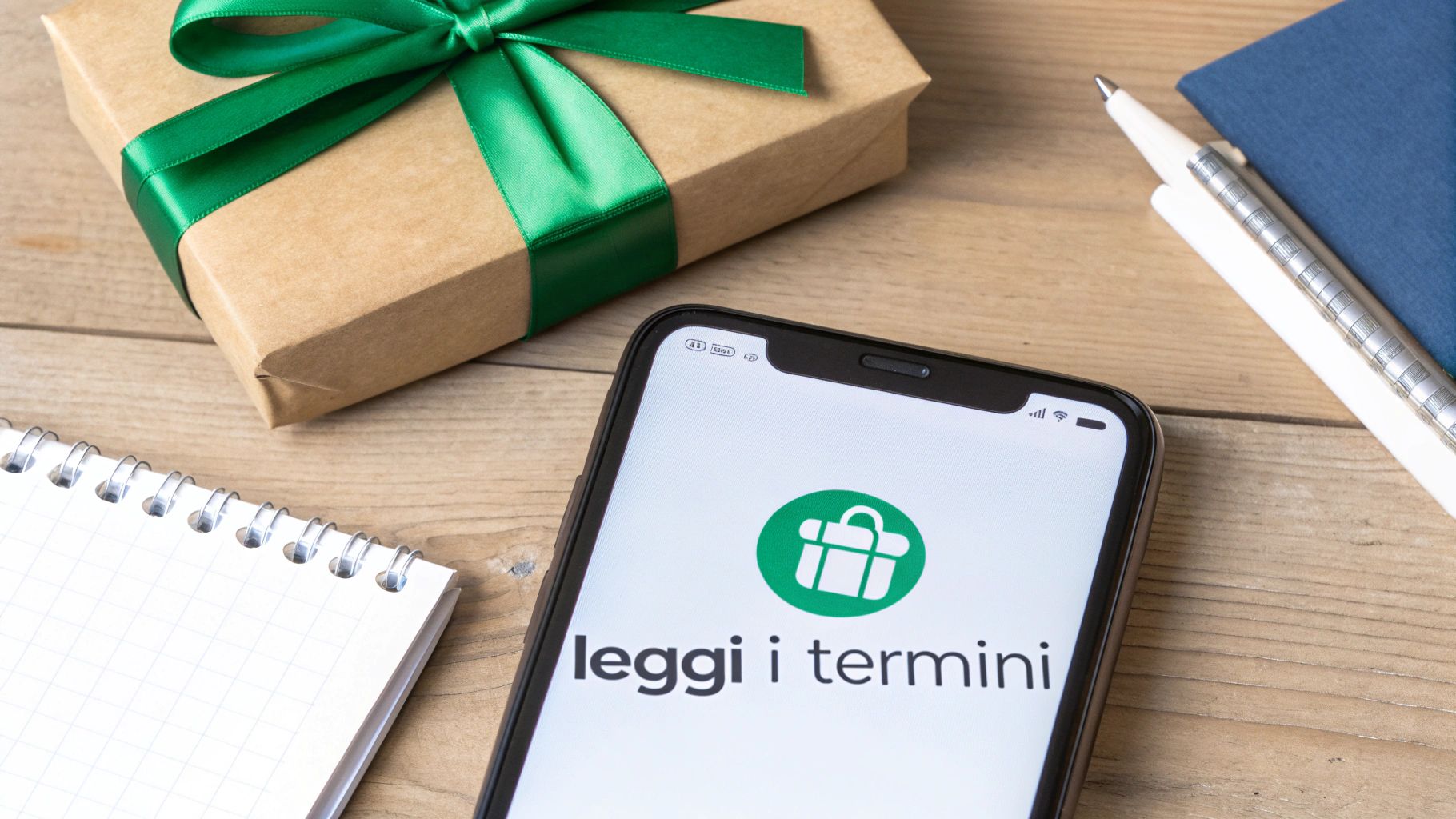 Un regalo confezionato con nastro verde, uno smartphone con app di shopping, un quaderno e una penna su tavolo di legno.