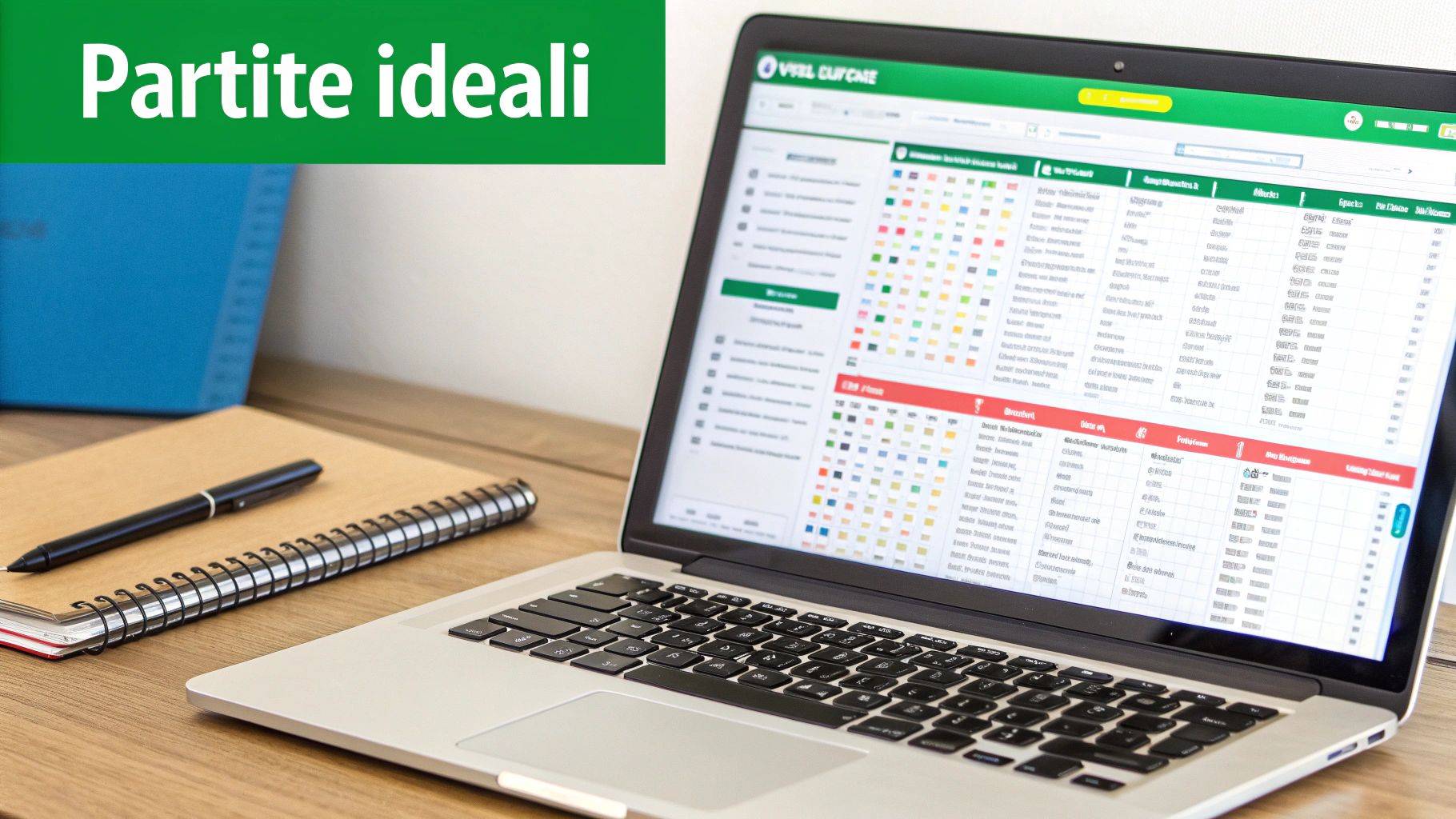 Laptop su scrivania in legno con applicazione di gestione, notebook, penna e raccoglitore, sotto il titolo 'Partite ideali'.