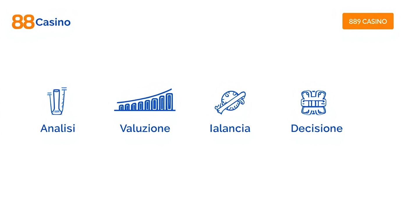 Logo 88 Casino con quattro icone che rappresentano analisi, valutazione, equilibrio e decisione.