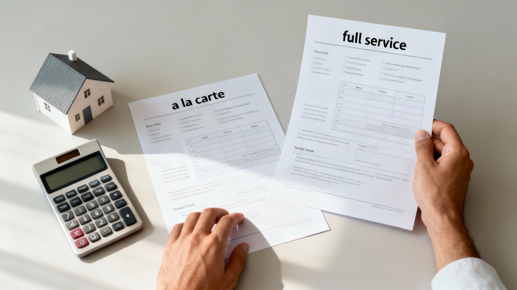 Person reviewing moving service options with full service and a la carte pricing documents and calculator