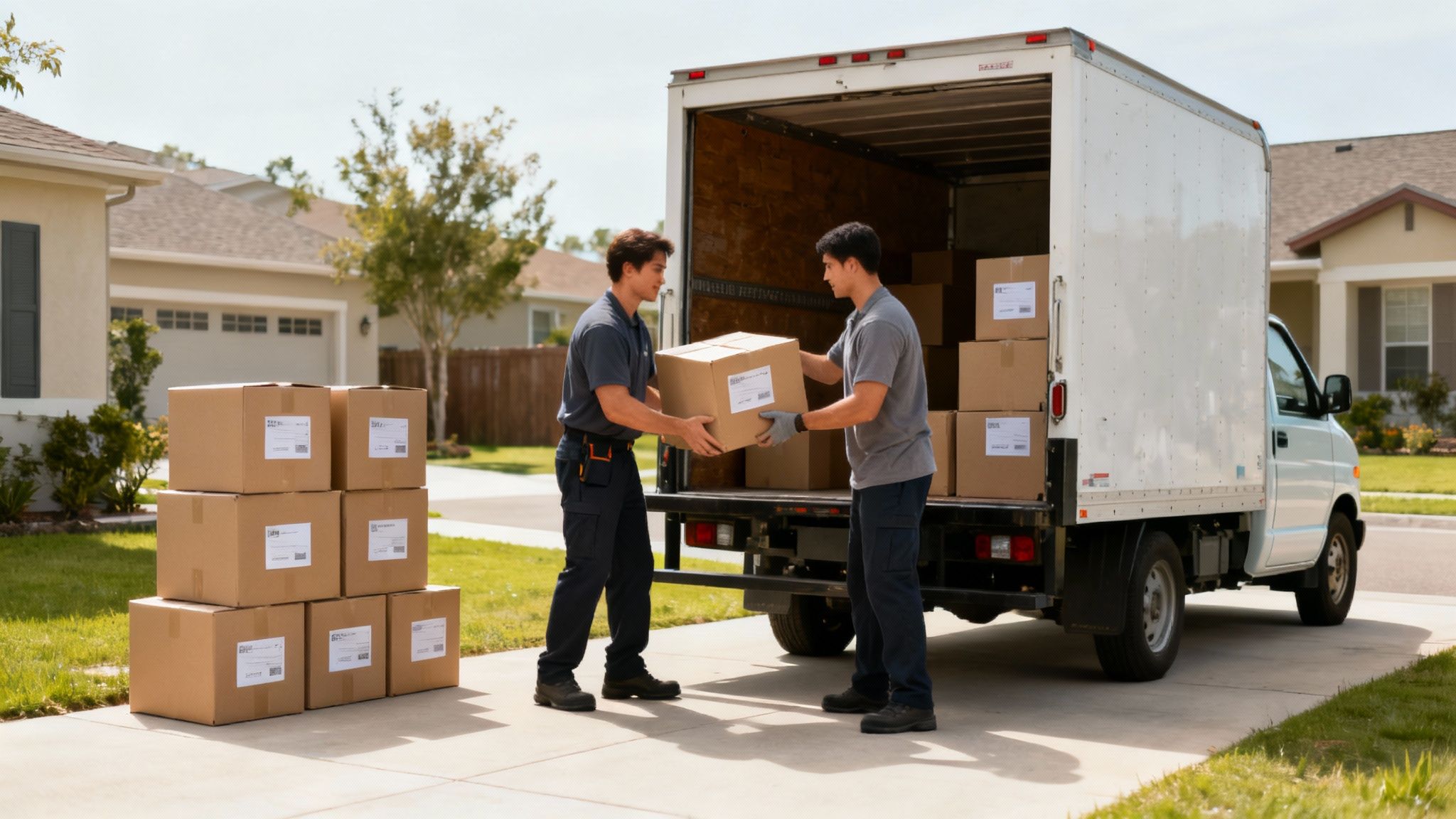 Professional movers carefully loading a moving truck with boxes and furniture.