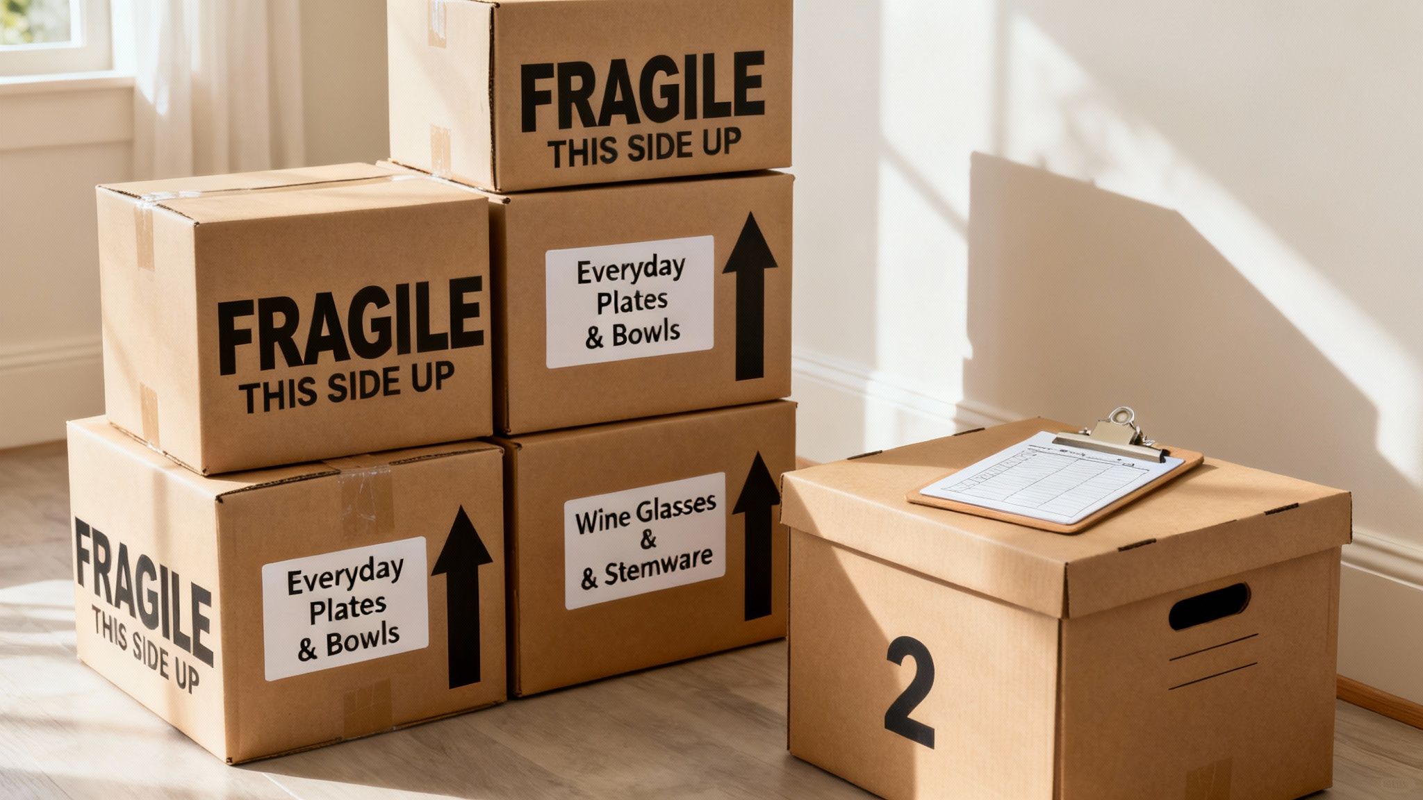 A hand writing 'FRAGILE' with a black marker on a brown moving box.