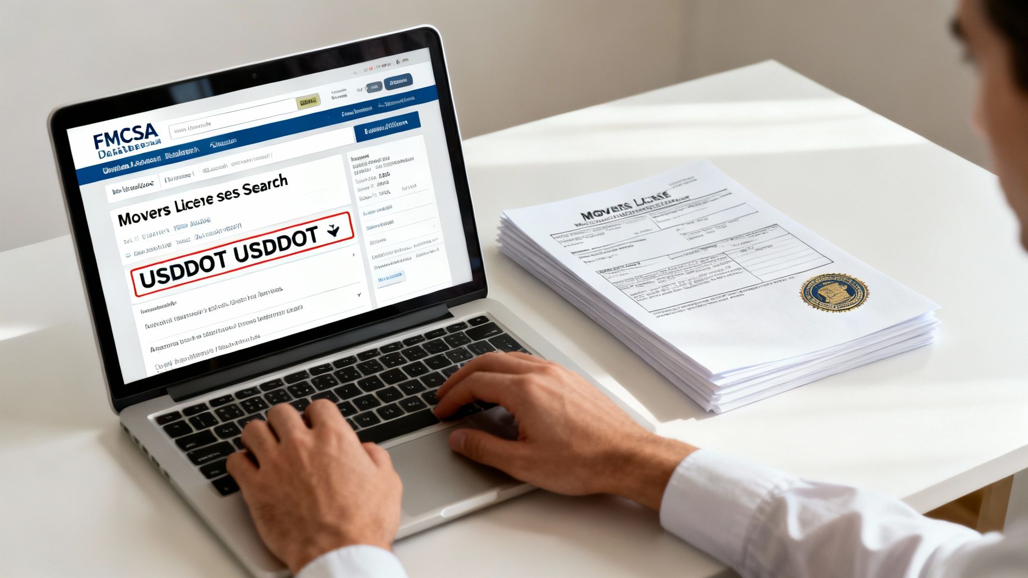 Woman looking up moving company credentials on a laptop.