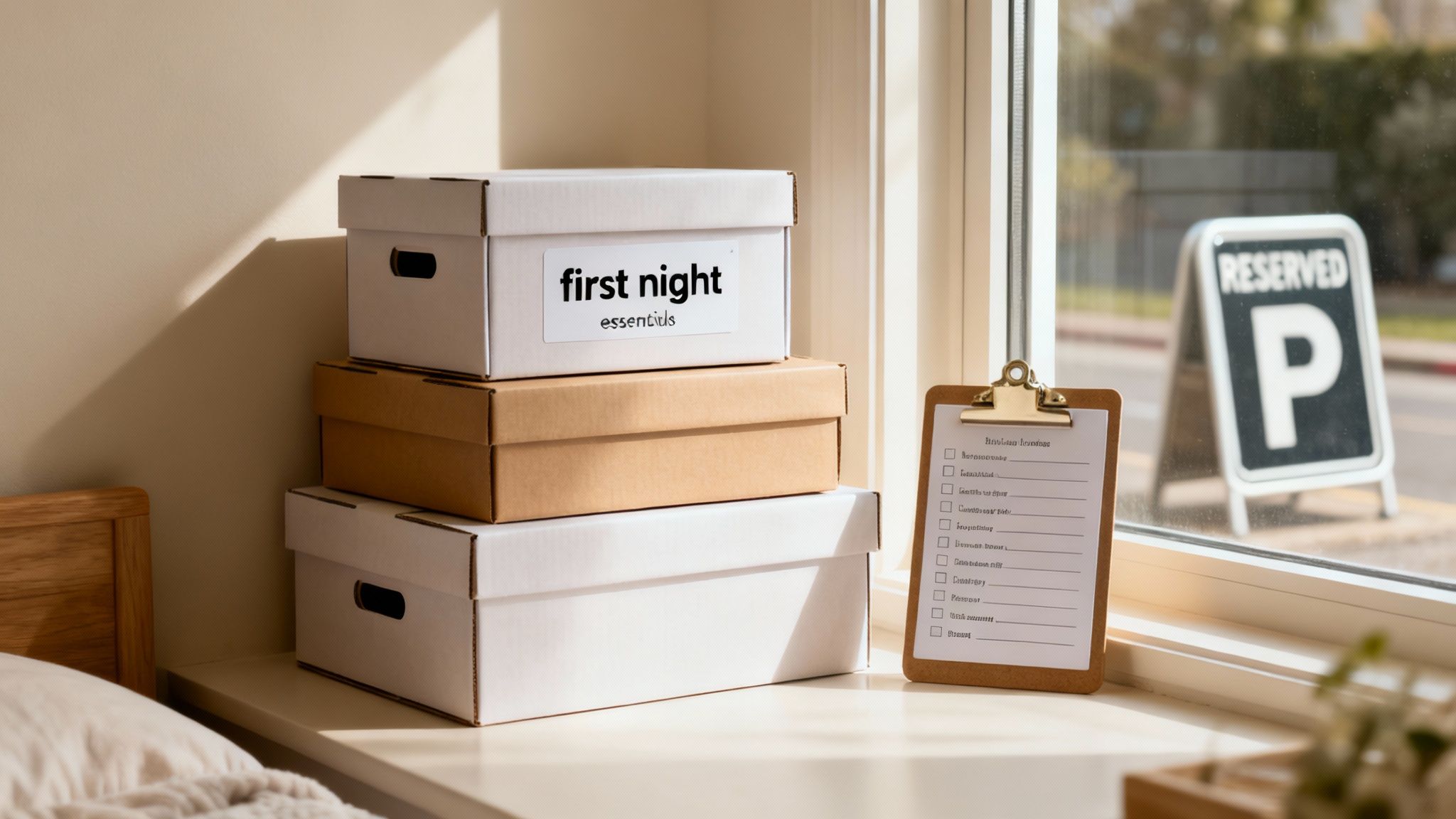 A person looking at a checklist while planning their move, with moving boxes in the background.