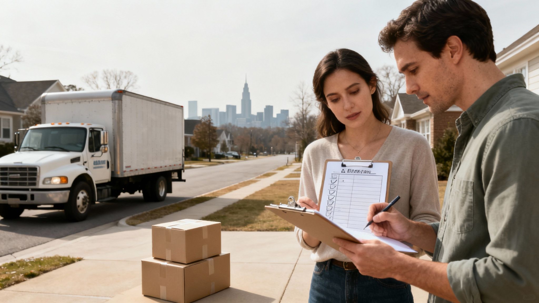 Couple reviewing moving checklist with boxes and truck in Raleigh suburban neighborhood