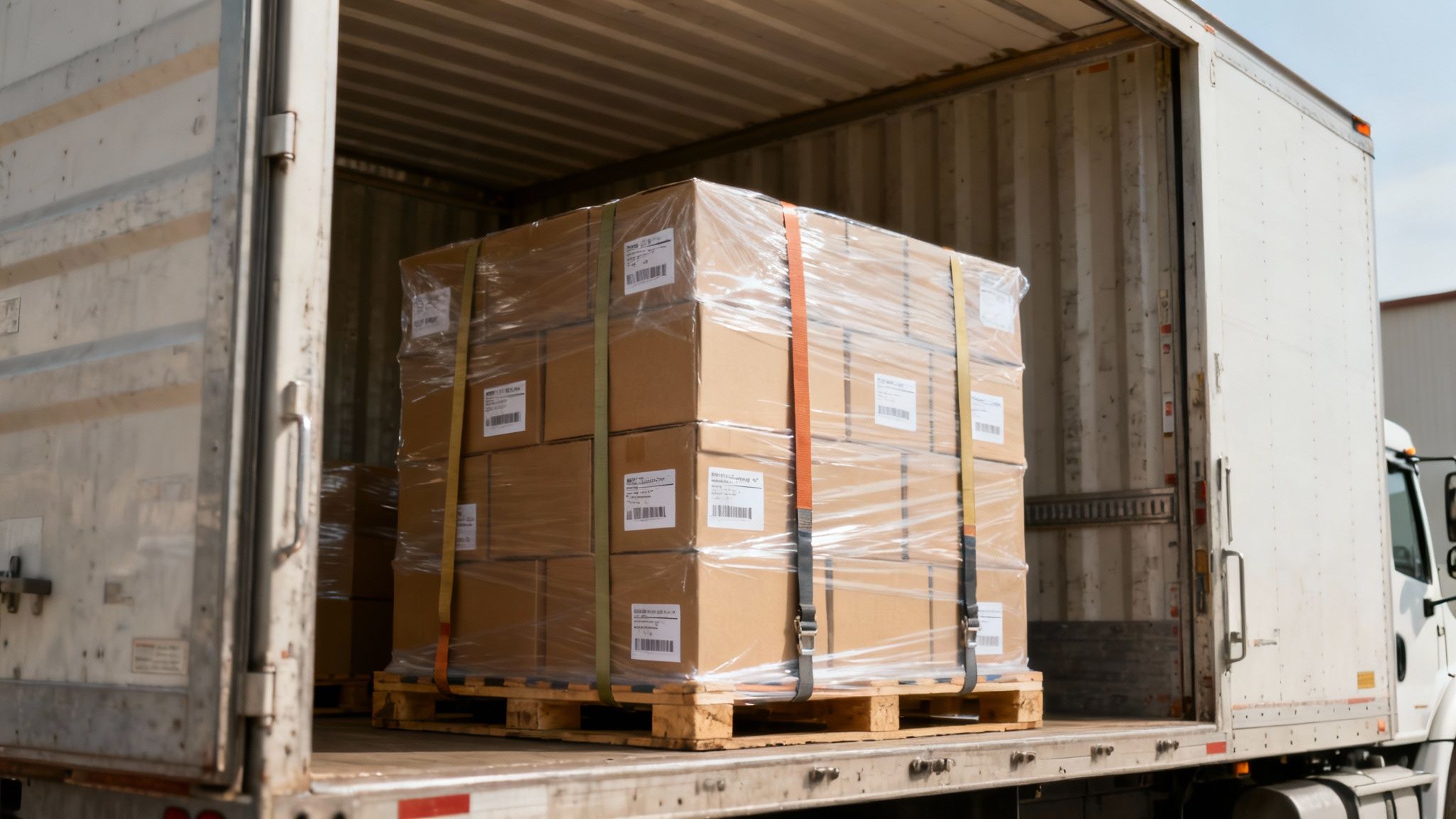 Freight shipping pallets loaded with boxes and items ready for transport.