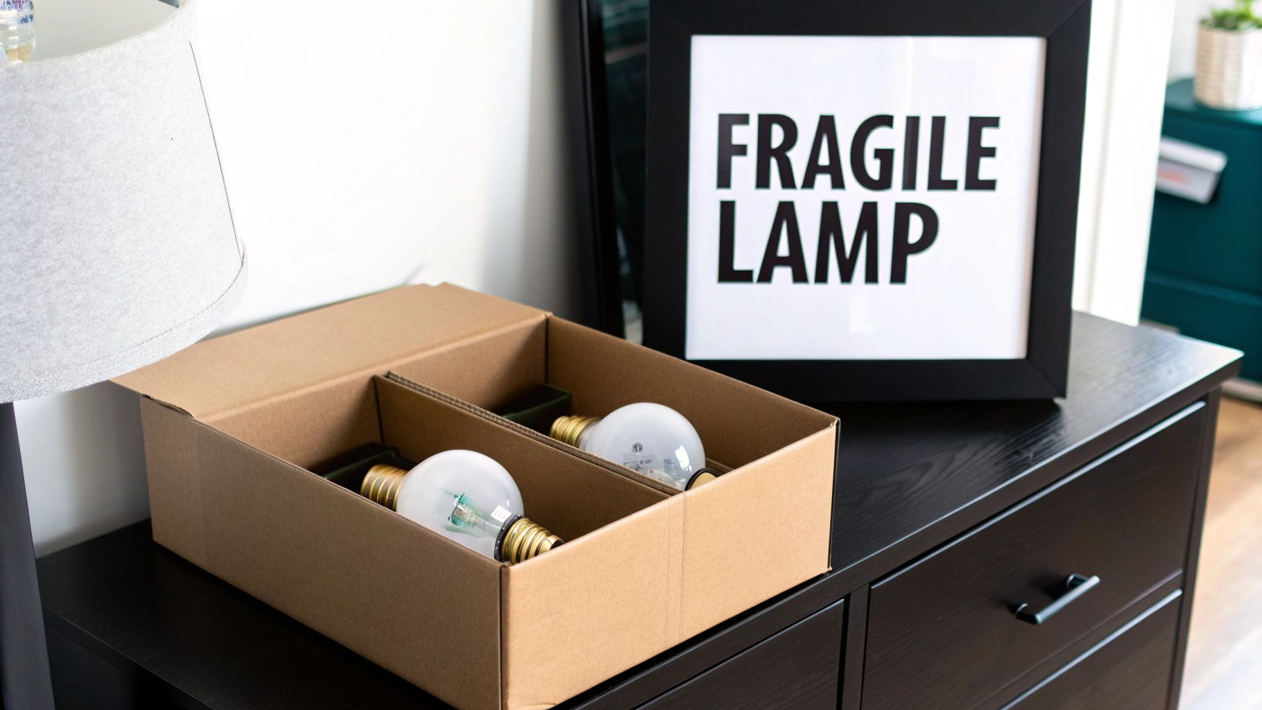 A person carefully placing a wrapped lamp base into a moving box lined with packing paper.