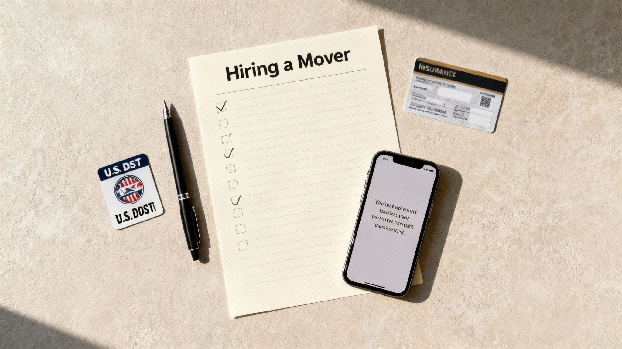 Moving checklist with pen, insurance card, phone and USDOT sticker on desk