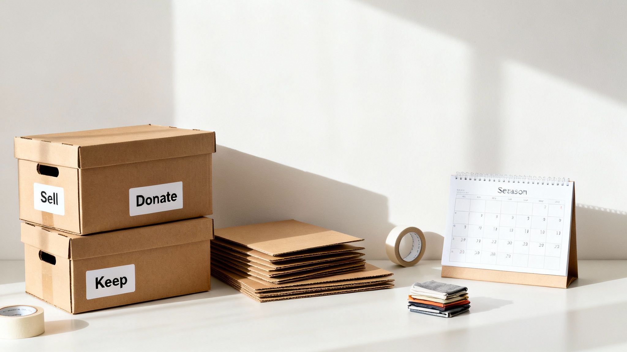 Person sorting items into donation and keep piles to save on moving costs