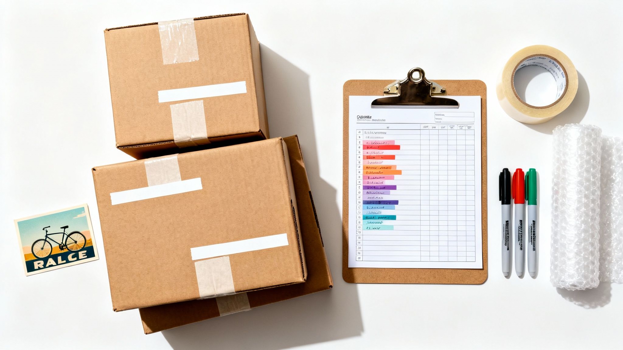 Cardboard moving boxes with packing supplies, clipboard, markers, bubble wrap and tape for relocation