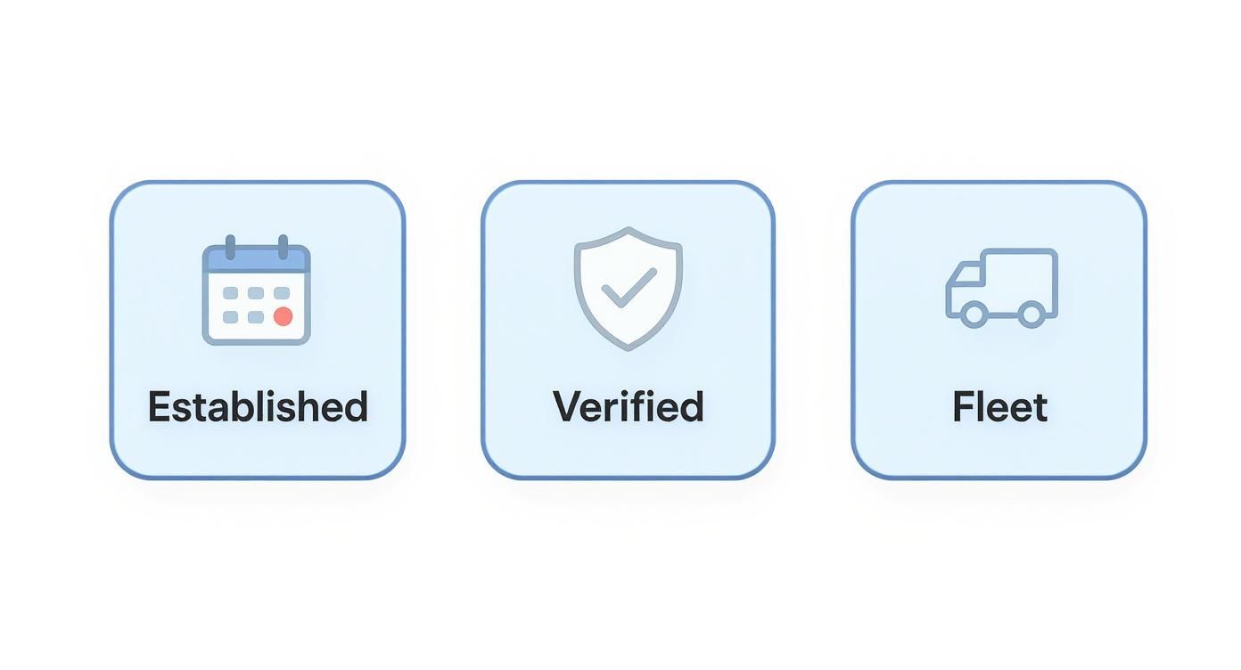 Three icons showing established business with calendar, verified shield checkmark, and delivery fleet truck symbols