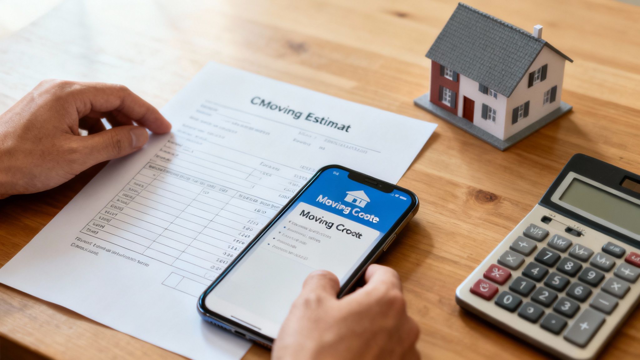 Person reviewing moving estimate document on smartphone with calculator and house model nearby