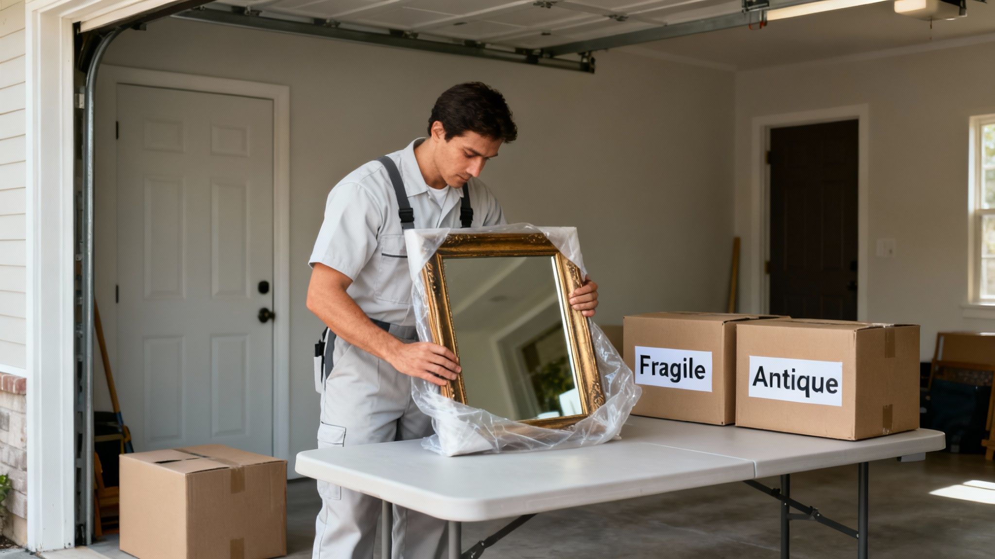 Professional mover carefully handling wrapped antique mirror next to fragile boxes in garage
