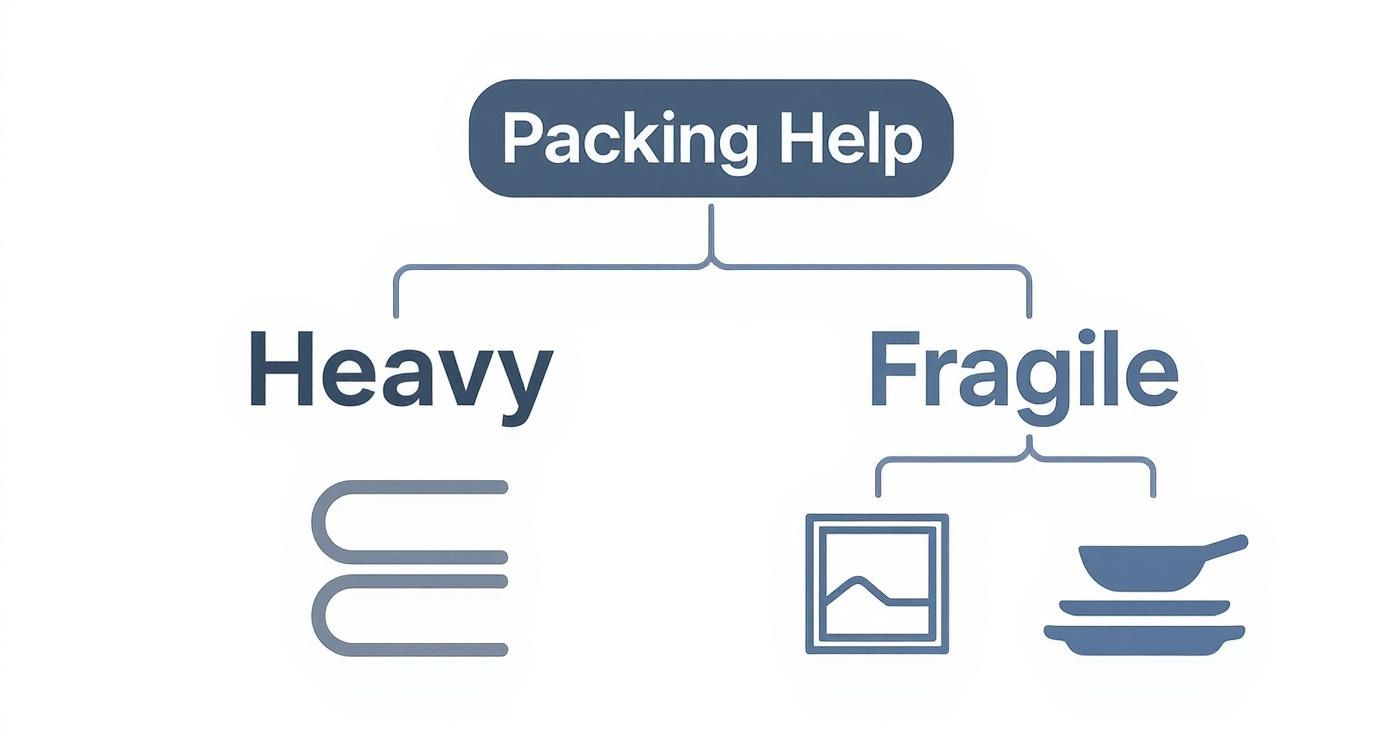 An infographic decision tree showing what kind of help to get for packing heavy or fragile items.