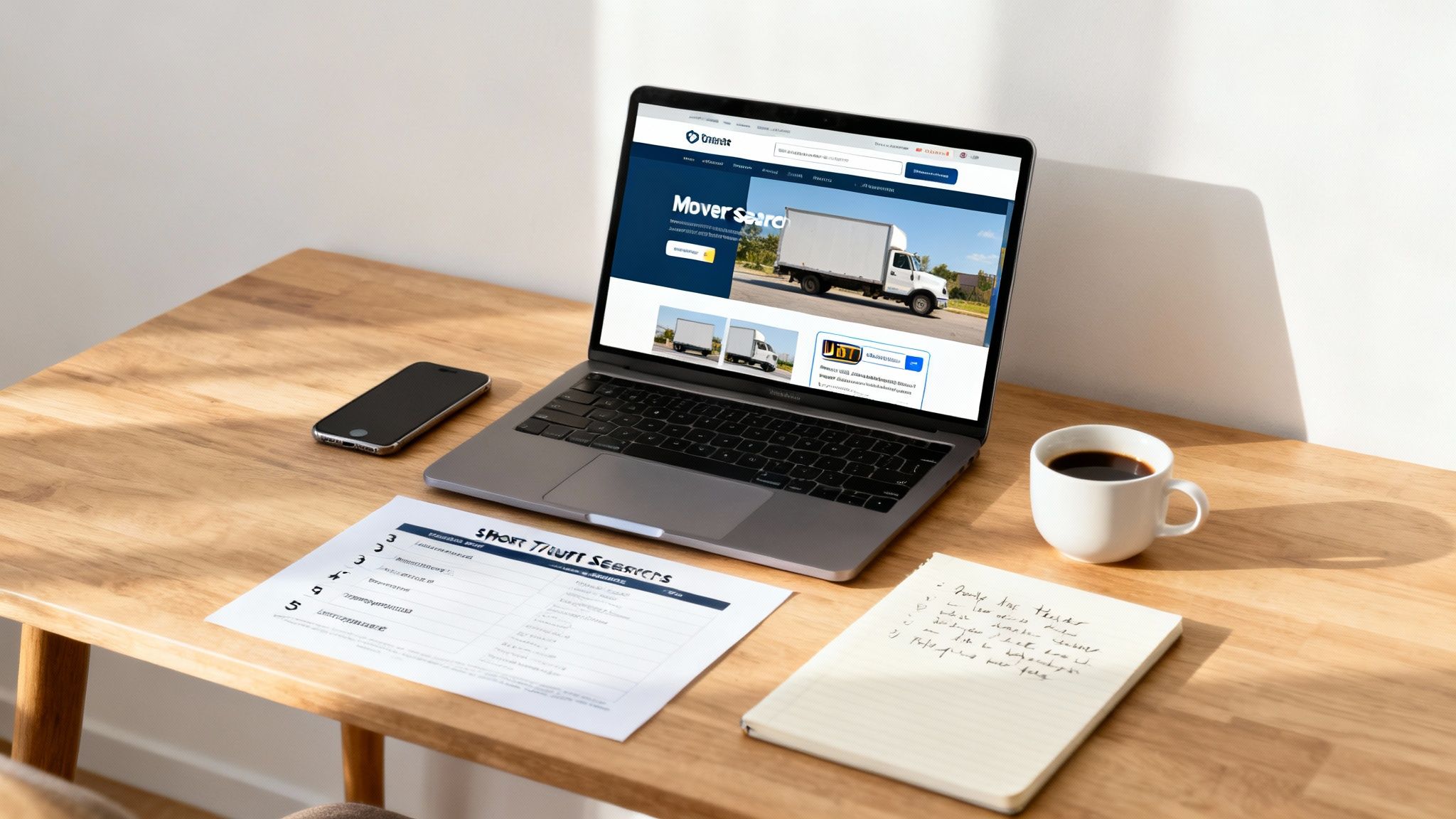 A person sitting at a desk, researching moving companies on a laptop with a moving box nearby.