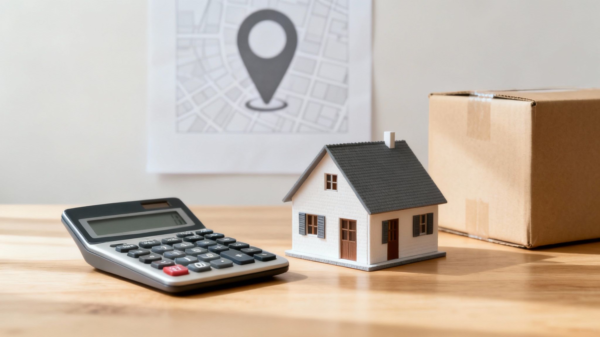 A person using a calculator with moving boxes in the background, illustrating financial planning for a move.