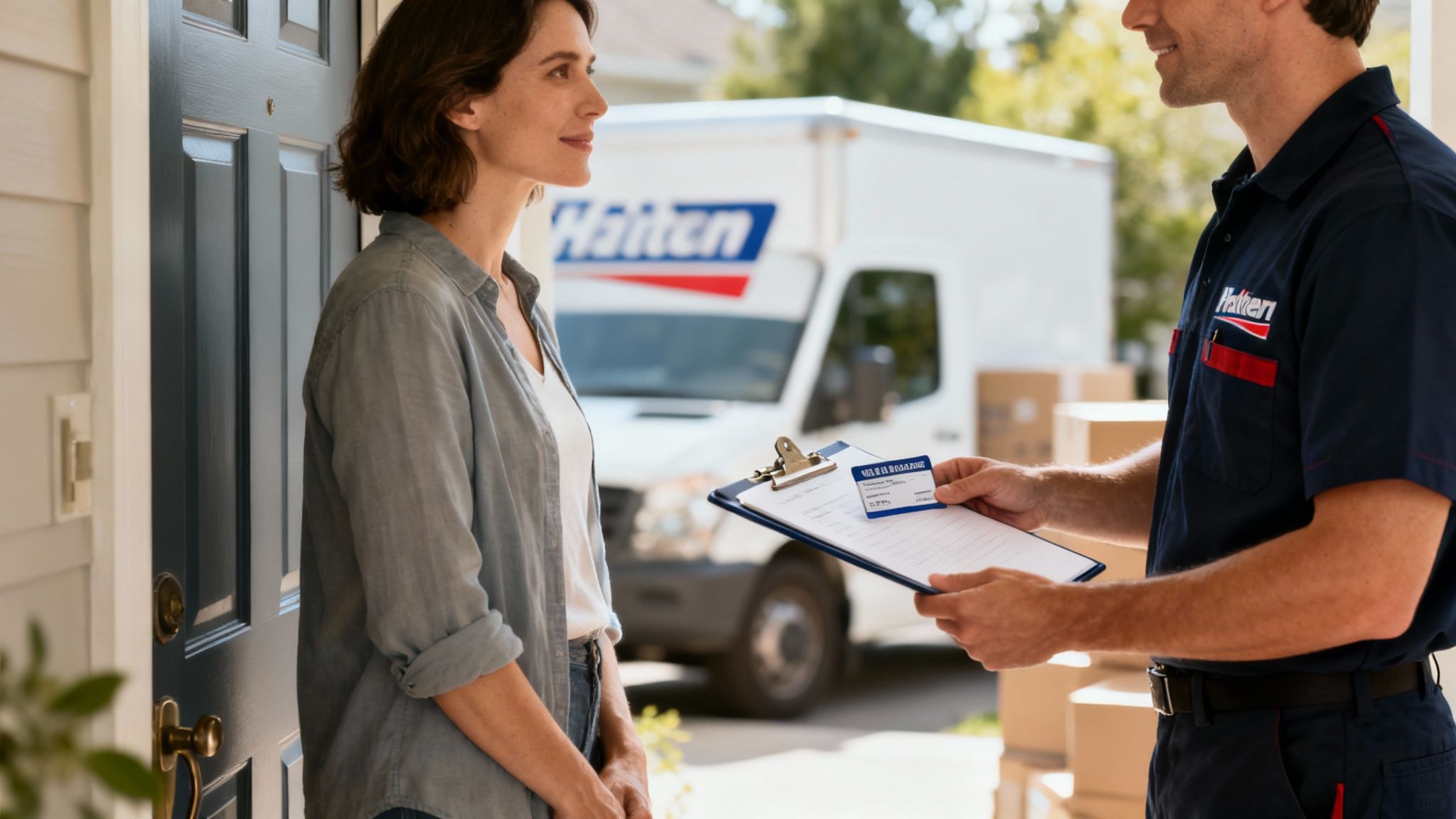 A person carefully examining a moving company's contract with a magnifying glass.