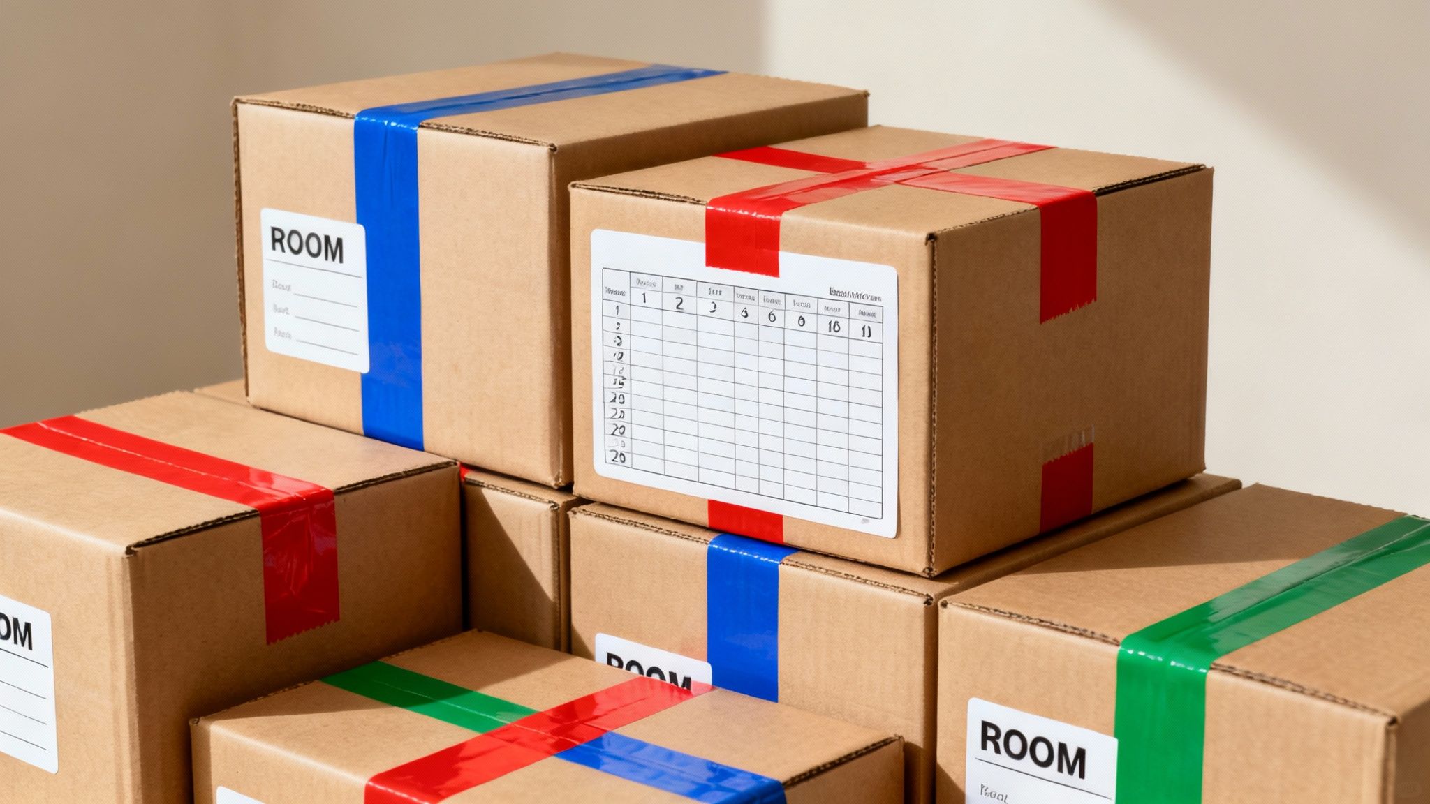 A neatly organized stack of moving boxes with different colored tape and clear labels indicating "Kitchen," "Bedroom," and "Living Room," demonstrating a strategic color-coding system.